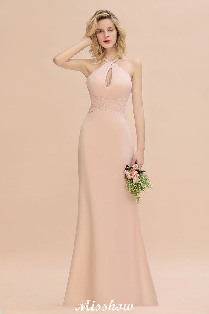 Dreamful Halter Slim Mermaid Bridesmaid Dress Floor Length Party Dress-misshow.com