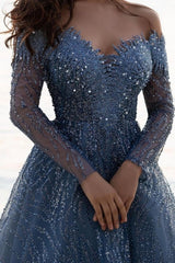 Dusty Blue Sequined A-Line Long Sleeves Sweetheart Prom Dress-misshow.com