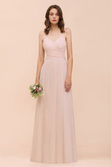 Dusty Pink Sleeveless A-line Wedding Guest Dress Beach Bridesmaid Dress-misshow.com