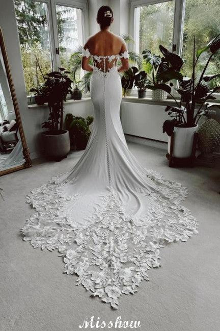 Eleagnt Long White Mermaid Off-the-shoulder Lace Wedding Dress with Train