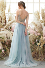 Elegant A-line Blue V-neck Spaghetti Straps Split Front Beading Prom Dress-misshow.com