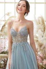 Elegant A-line Blue V-neck Spaghetti Straps Split Front Beading Prom Dress-misshow.com