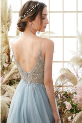 Elegant A-line Blue V-neck Spaghetti Straps Split Front Beading Prom Dress-misshow.com