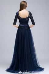 MISSHOW offers Elegant A-Line Half-Sleeves Lace Appliques Dark Navy Bridesmaid Dresses at a good price from Tulle to A-line Floor-length them. Lightweight yet affordable home,beach,swimming useBridesmaid Dresses.