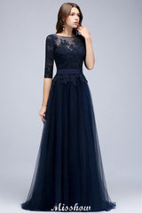 MISSHOW offers Elegant A-Line Half-Sleeves Lace Appliques Dark Navy Bridesmaid Dresses at a good price from Tulle to A-line Floor-length them. Lightweight yet affordable home,beach,swimming useBridesmaid Dresses.