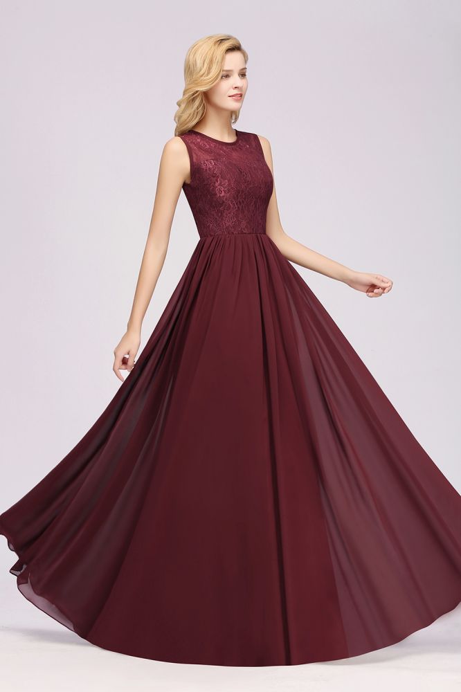 MISSHOW offers Elegant A-line Lace Sleeveless Bridesmaid Dresses Chiffon Jewel Ruffles Floor-Length Evening Dress with Appliques at a good price from Misshow