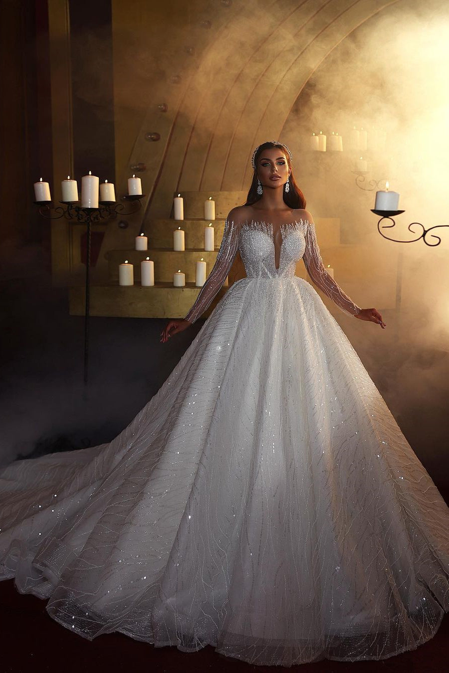 Elegant A-line Off-the-shoulder Long Sleeves V-neck Wedding Dress With Lace-misshow.com