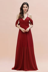 Elegant A-line Off-the-Shoulder V-neck Ruched Long Bridesmaid Dress-misshow.com