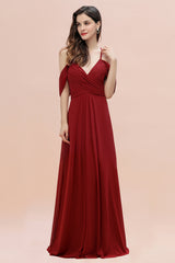 Elegant A-line Off-the-Shoulder V-neck Ruched Long Bridesmaid Dress-misshow.com