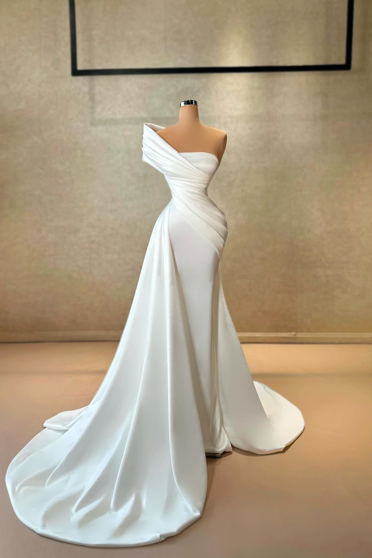 Elegant A-line One Shoulder Cap Sleeve Ruffles Satin Train White Long Prom Dress