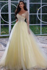 Elegant A-line Sequined Long Sleeves Prom Dress With Beads-misshow.com