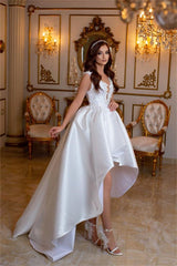 Elegant A-line Short V-neck Sleeveless Wedding Dresses With Lace-misshow.com