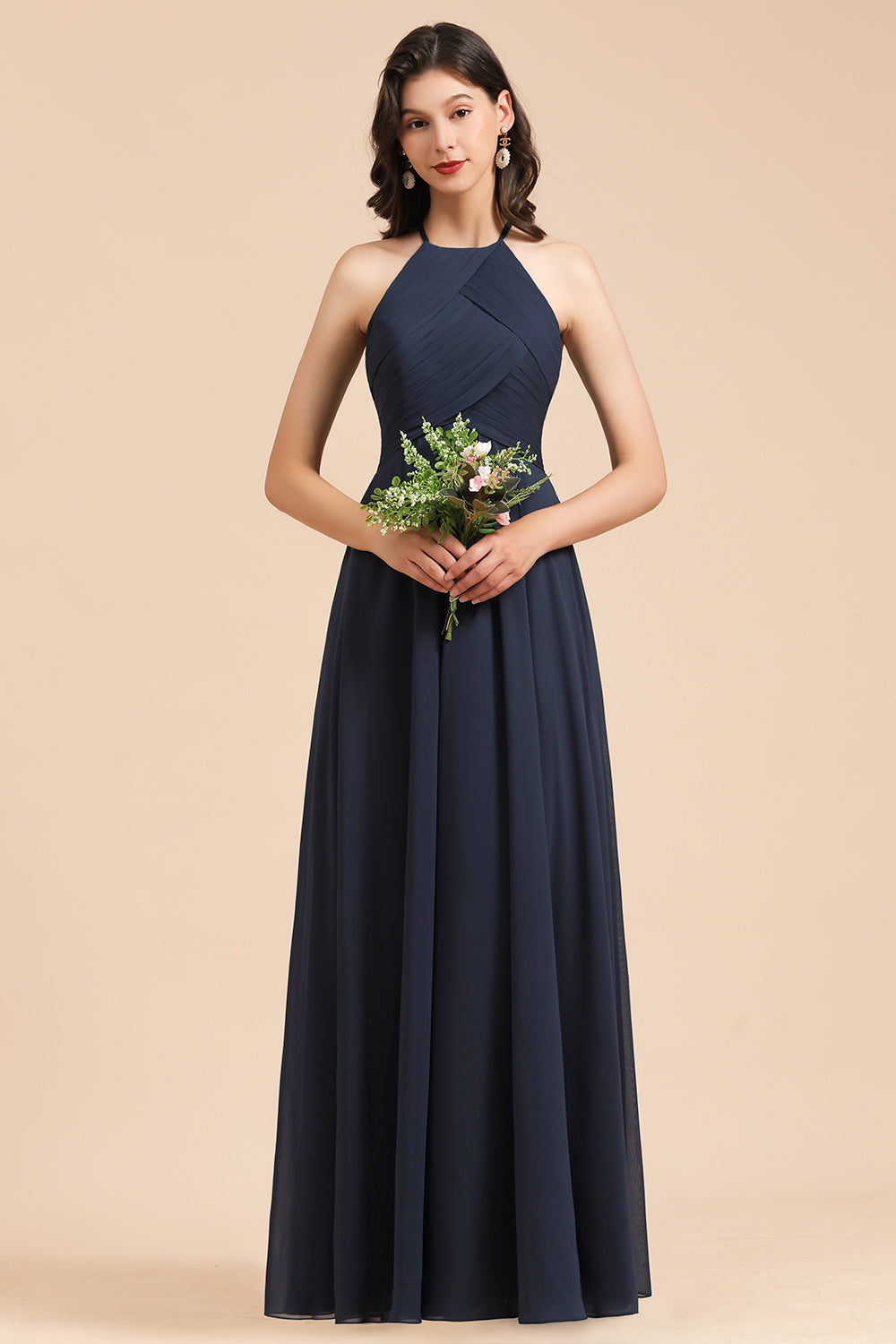 Elegant A-line Sleeveless V-Neck Ruffle Chiffon Lace Bridesmaid Dresses-misshow.com