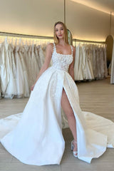 Elegant A-line Straps Flowers Sleeveless Lace Wedding Dress With Slit-misshow.com