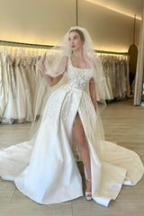 Elegant A-line Straps Flowers Sleeveless Lace Wedding Dress With Slit-misshow.com