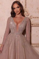 Elegant A-line V-neck Long Sleeves Beading Prom Dress-misshow.com