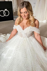 Elegant A-line White Off-the-Shoulder Pearls Sleeveless Wedding Dress-misshow.com