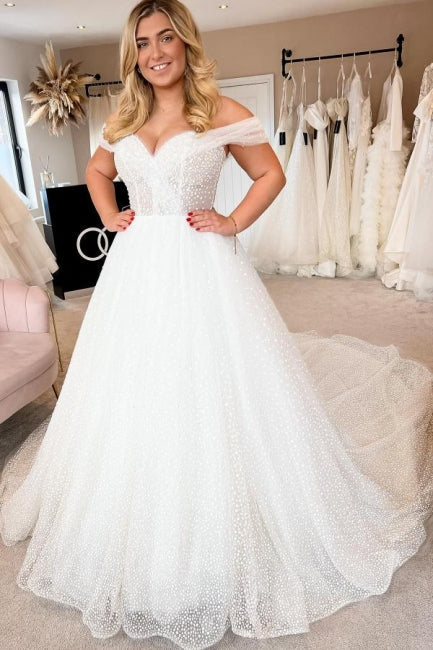 Elegant A-line White Off-the-Shoulder Pearls Sleeveless Wedding Dress-misshow.com