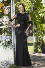 Elegant Black Jewel Long-Sleeves Mermaid Satin Prom Dresses-misshow.com