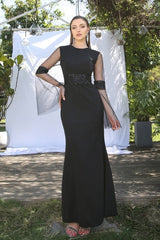 Elegant Black Jewel Long-Sleeves Mermaid Satin Prom Dresses-misshow.com