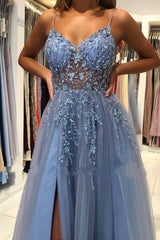 Elegant Blue Long Evening Dresses Beadings Prom Dresses With Slit-misshow.com