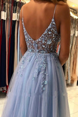 Elegant Blue Long Evening Dresses Beadings Prom Dresses With Slit-misshow.com