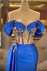 Elegant Blue Off-the-shoulder Sleeveless Beading Prom Dress With Slit-misshow.com