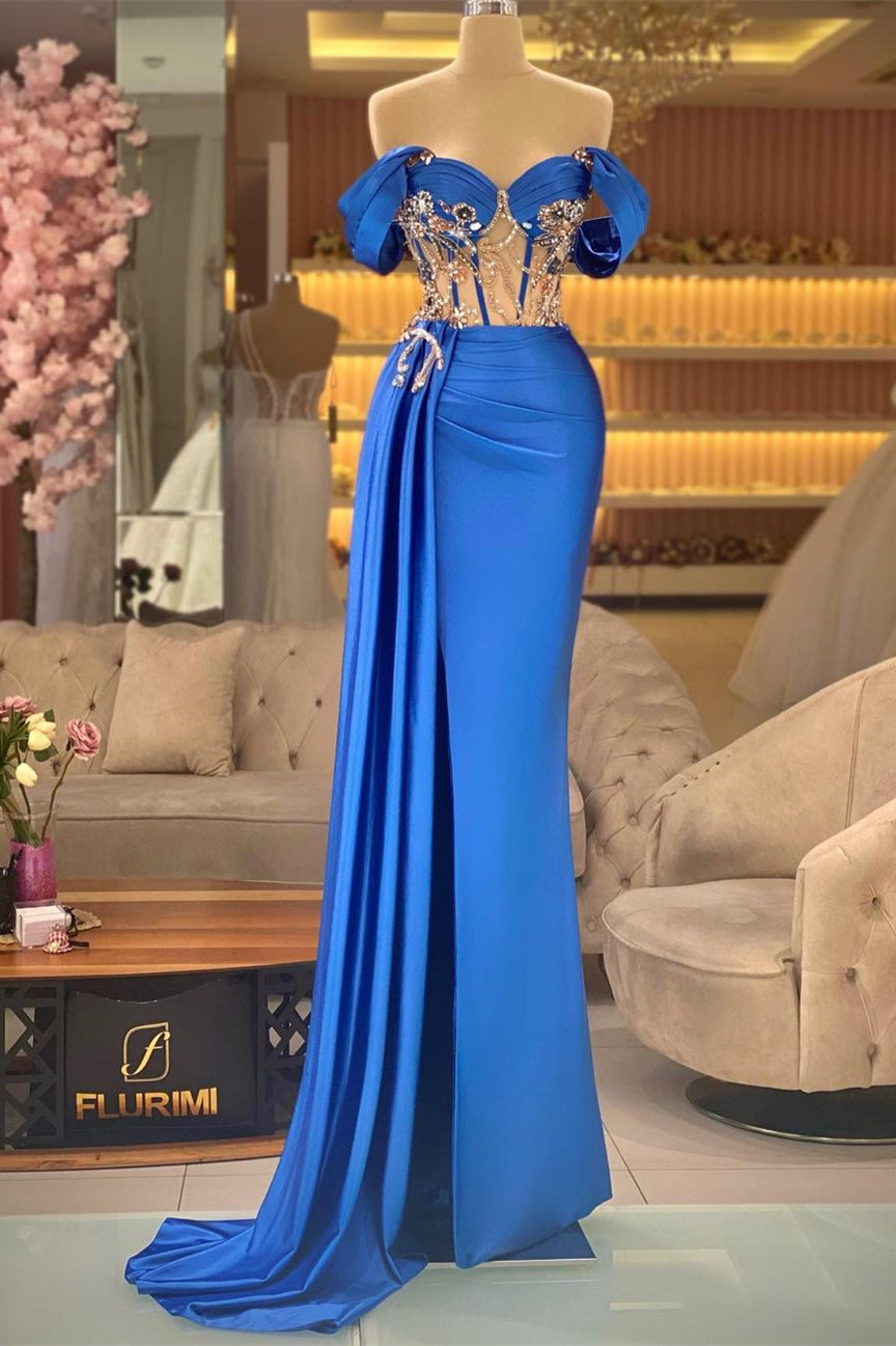 Elegant Blue Off-the-shoulder Sleeveless Beading Prom Dress With Slit-misshow.com