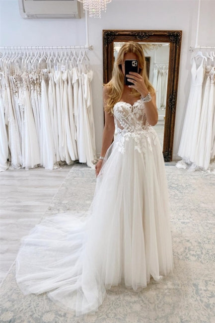 Elegant Boho Long White A-line Lace Sleeveless Tulle Wedding Dresses-misshow.com