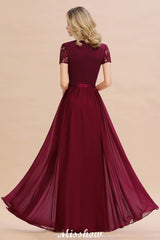 Looking for Bridesmaid Dresses in 100D Chiffon,Lace, A-line style, and Gorgeous Lace work  MISSHOW has all covered on this elegant Elegant Chiffon Lace Jewel Short Sleeves Floor-Length A-Line Bridesmaid Dress.