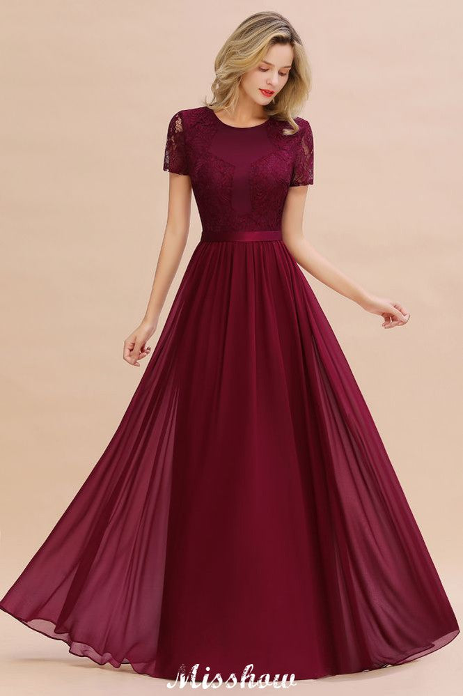 Looking for Bridesmaid Dresses in 100D Chiffon,Lace, A-line style, and Gorgeous Lace work  MISSHOW has all covered on this elegant Elegant Chiffon Lace Jewel Short Sleeves Floor-Length A-Line Bridesmaid Dress.