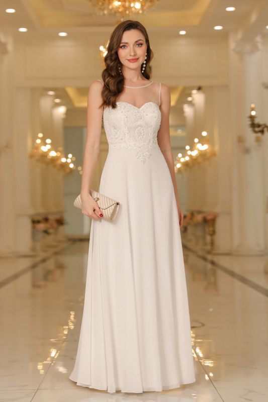 Elegant Chiffon Sleevless Evening Dress Scoop Neck Lace Apliques Bridesmaid Dress