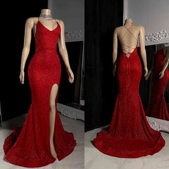 Elegant Criss-cross Straps Mermaid Split Front Prom Dresses-misshow.com