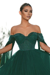 Elegant Dark Green Off-the-shoulder Sequined A-line Prom Dress-misshow.com