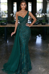 Elegant Dark Green V-neck One Shoulder Beading Prom Dress-misshow.com