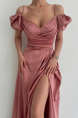 Elegant Dusty Rose Off-the-shoulder A-line Prom Dress With Slit-misshow.com