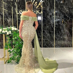 Elegant Dusty Sage Long Mermaid Off-the-shoulder Prom Dress With Lace-misshow.com