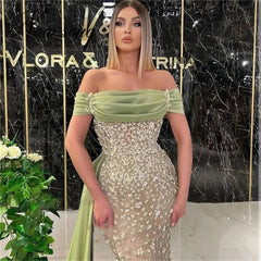 Elegant Dusty Sage Long Mermaid Off-the-shoulder Prom Dress With Lace-misshow.com