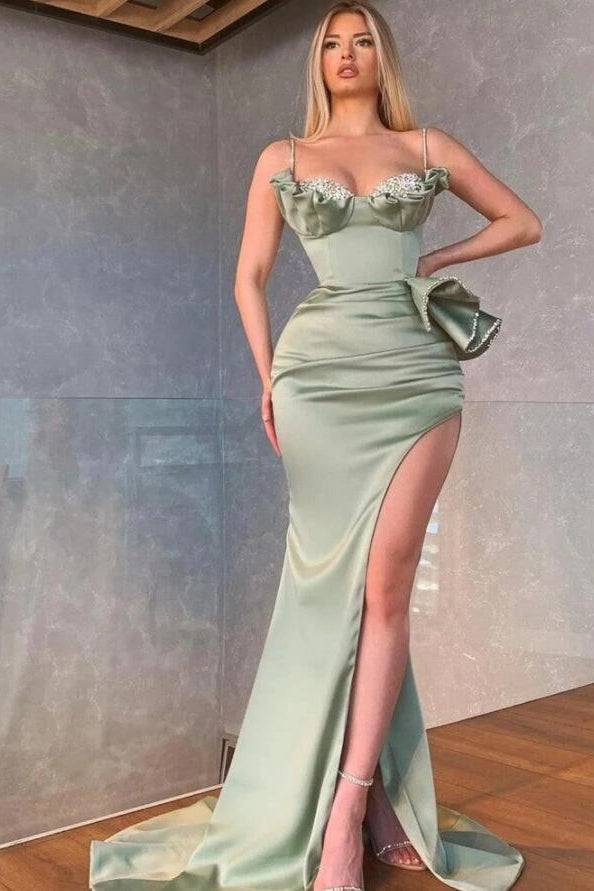 Elegant Dusty Sage Spaghetti Straps Mermaid Prom Dress With Slit-misshow.com