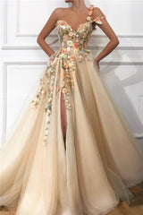 Elegant Evening Dress Long Sexy Sweetheart Front Slit Appliques Flowers Prom Dress-misshow.com