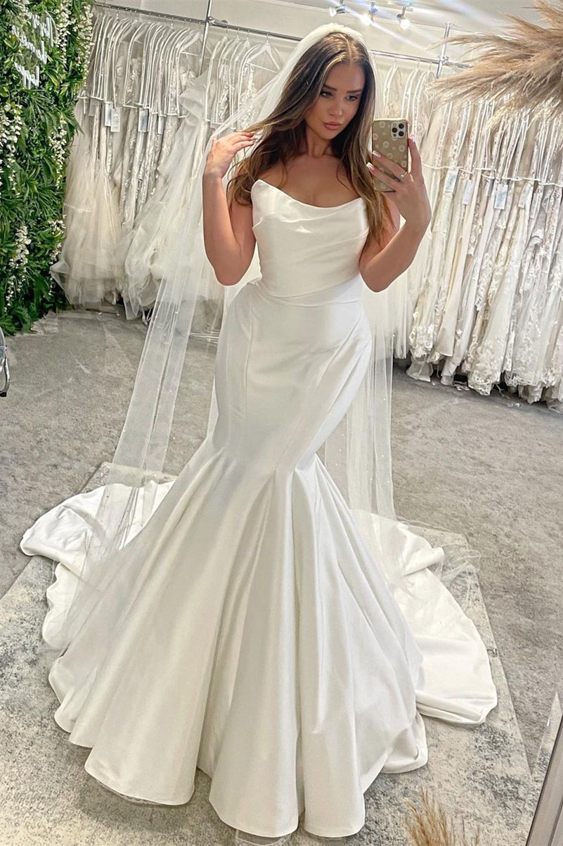 Elegant Floor Length Sleeveless Mermaid Satin Wedding Dress with Ruffles-misshow.com