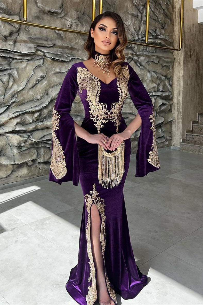 Elegant Floor Length Sweetheart Long Sleeves Mermaid Prom Dress with Split-misshow.com