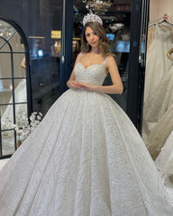 Elegant Floor Length Sweetheart Sleeveless A-Line Sequined Wedding Dress with Ruffles-misshow.com