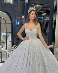 Elegant Floor Length Sweetheart Sleeveless A-Line Sequined Wedding Dress with Ruffles-misshow.com