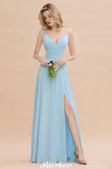 Elegant Front Split Bridesmaid Dress Garden Spaghetti Straps V-neck Floor Length Dress-misshow.com