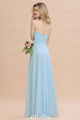 Elegant Front Split Bridesmaid Dress Garden Spaghetti Straps V-neck Floor Length Dress-misshow.com