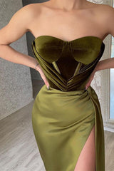 Elegant Green Strapless Sleeveless Mermaid Satin Prom Dresses with Slit-misshow.com