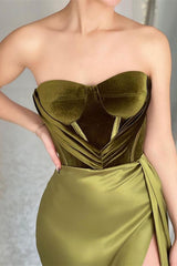 Elegant Green Strapless Sleeveless Mermaid Satin Prom Dresses with Slit-misshow.com