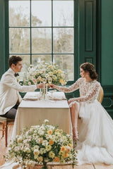 Elegant Hi-lo Lace Tulle Wedding Dresses With Long Sleeves-misshow.com