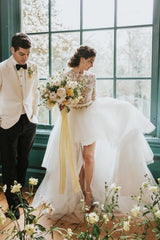 Elegant Hi-lo Lace Tulle Wedding Dresses With Long Sleeves-misshow.com